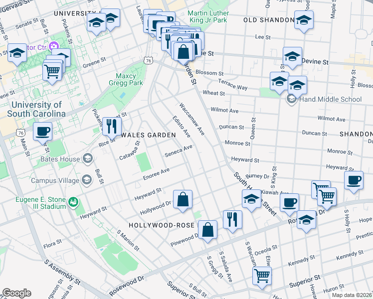 map of restaurants, bars, coffee shops, grocery stores, and more near 147 South Edisto Avenue in Columbia