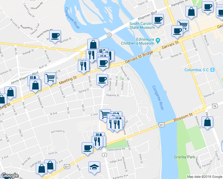 map of restaurants, bars, coffee shops, grocery stores, and more near in West Columbia