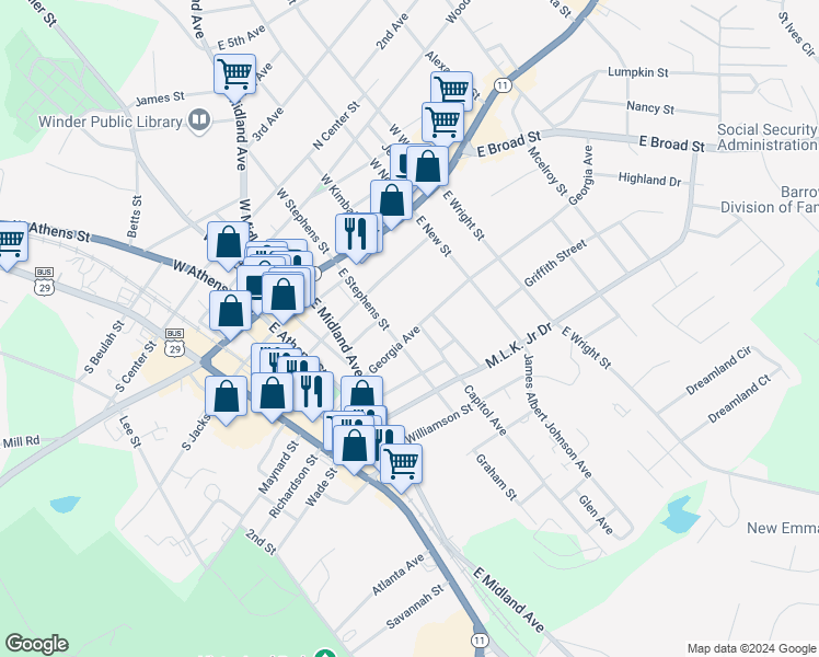 map of restaurants, bars, coffee shops, grocery stores, and more near 68 East Stephens Street in Winder