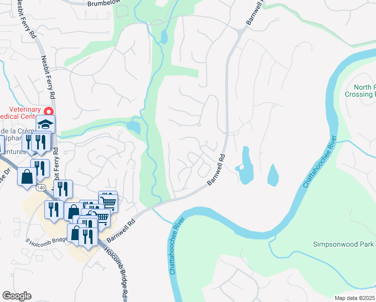 map of restaurants, bars, coffee shops, grocery stores, and more near 20 Spoon Court in Alpharetta