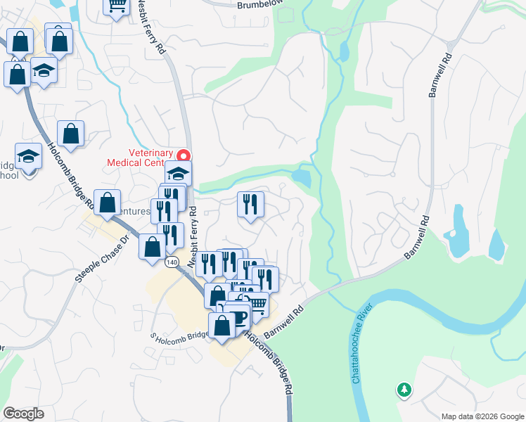map of restaurants, bars, coffee shops, grocery stores, and more near 430 North Eagles Bluff in Alpharetta