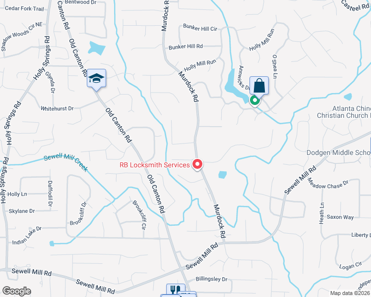 map of restaurants, bars, coffee shops, grocery stores, and more near 3030 Castleton Way in Marietta