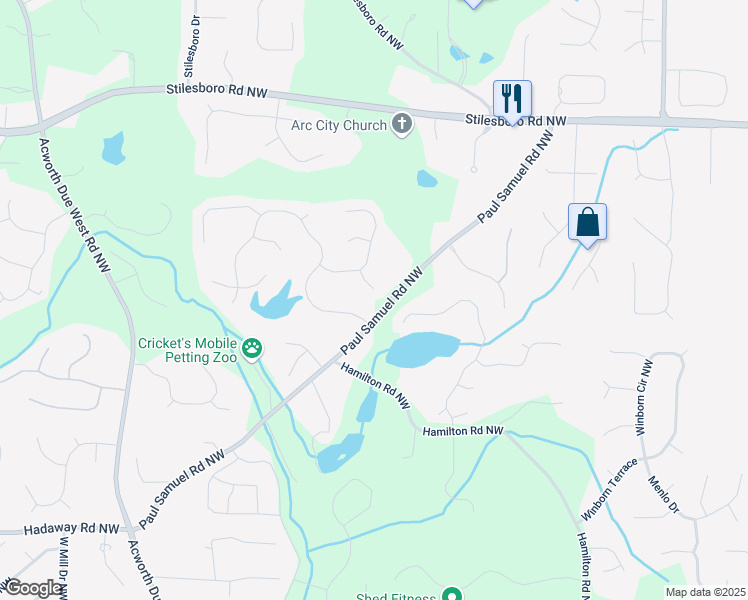 map of restaurants, bars, coffee shops, grocery stores, and more near 1594 Stoddard Court Northwest in Kennesaw