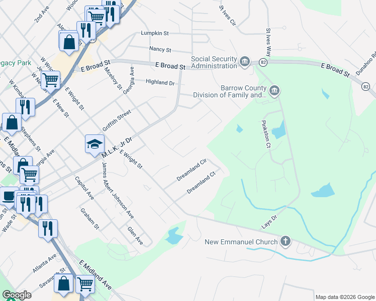 map of restaurants, bars, coffee shops, grocery stores, and more near 349 Mary Alice Drive in Winder