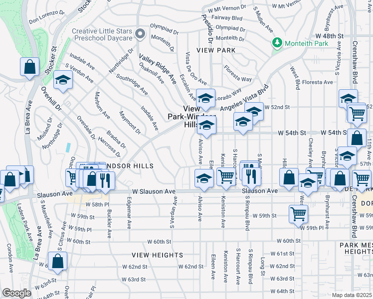 map of restaurants, bars, coffee shops, grocery stores, and more near 5447 Valley Ridge Avenue in View Park-Windsor Hills