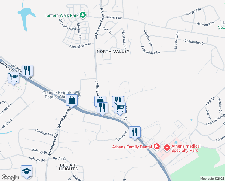 map of restaurants, bars, coffee shops, grocery stores, and more near 240 Camak Drive in Athens
