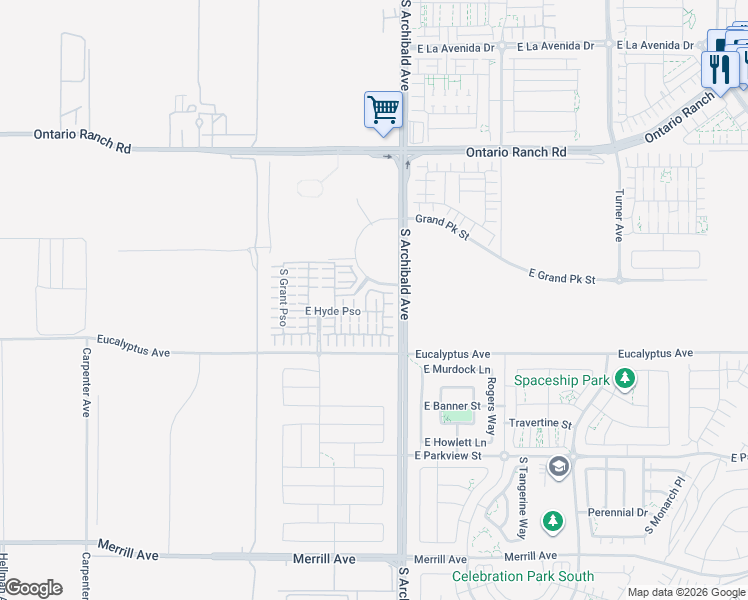 map of restaurants, bars, coffee shops, grocery stores, and more near 2647 East Hyde Paseo in Ontario