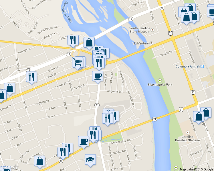 map of restaurants, bars, coffee shops, grocery stores, and more near 312 Augusta Street in West Columbia