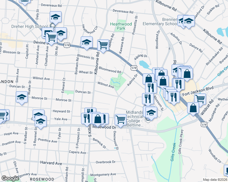 map of restaurants, bars, coffee shops, grocery stores, and more near 3942 Wilmot Avenue in Columbia