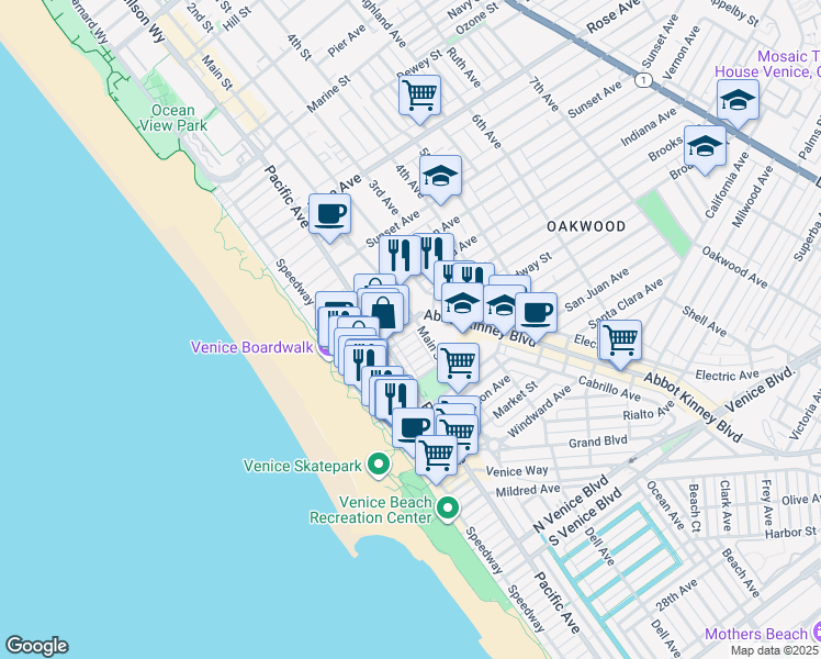 map of restaurants, bars, coffee shops, grocery stores, and more near 132 Brooks Avenue in Los Angeles