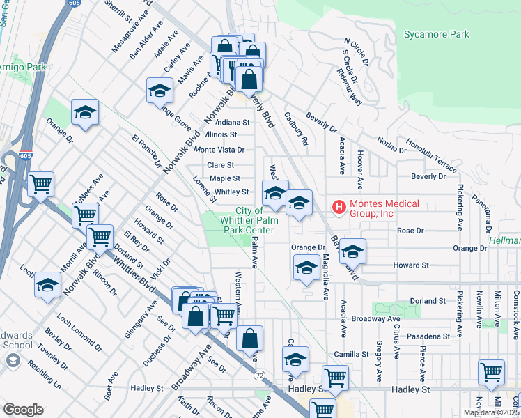 map of restaurants, bars, coffee shops, grocery stores, and more near 5680 Palm Avenue in Whittier