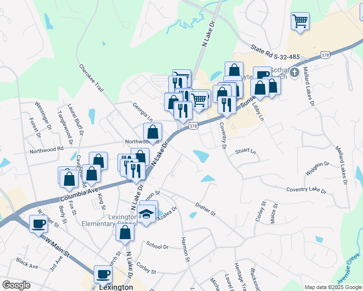 map of restaurants, bars, coffee shops, grocery stores, and more near 800 North Lake Drive in Lexington