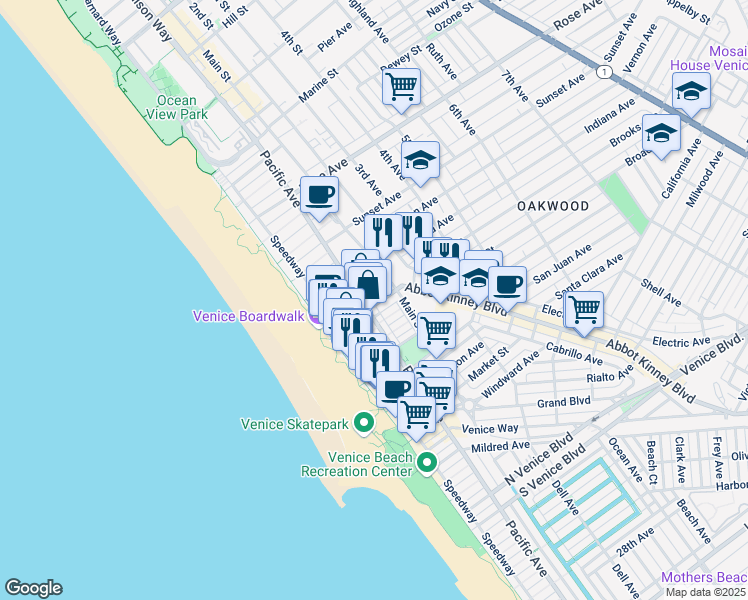 map of restaurants, bars, coffee shops, grocery stores, and more near 109 Brooks Avenue in Los Angeles
