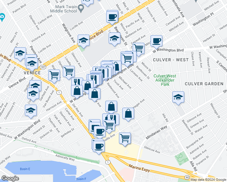 map of restaurants, bars, coffee shops, grocery stores, and more near 4055 Redwood Avenue in Marina del Rey
