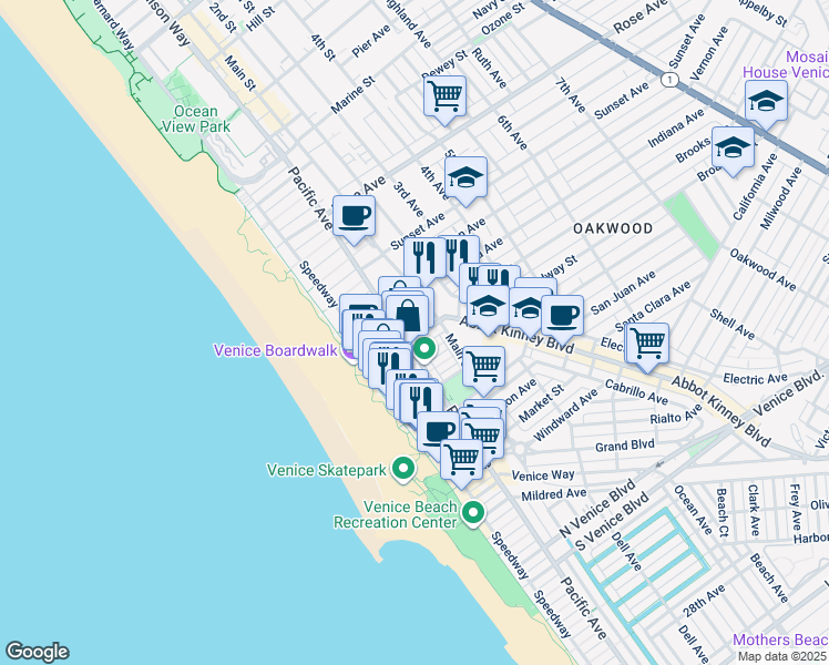 map of restaurants, bars, coffee shops, grocery stores, and more near 109 Brooks Avenue in Los Angeles