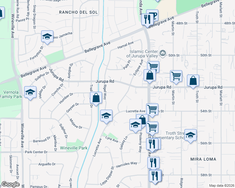 map of restaurants, bars, coffee shops, grocery stores, and more near 11220 Puente Way in Jurupa Valley