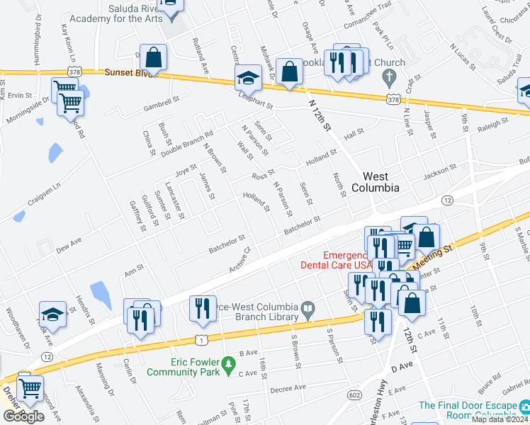 map of restaurants, bars, coffee shops, grocery stores, and more near 1545 Holland Street in West Columbia