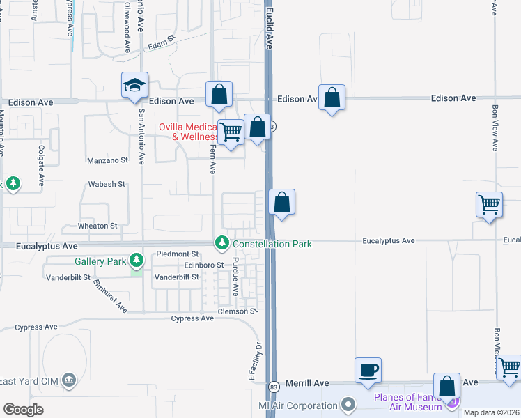 map of restaurants, bars, coffee shops, grocery stores, and more near 14409 Figueroa Lane in Chino