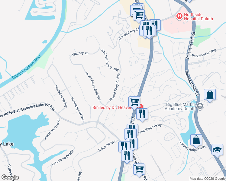 map of restaurants, bars, coffee shops, grocery stores, and more near 4086 Howell Ferry Road Northwest in Duluth