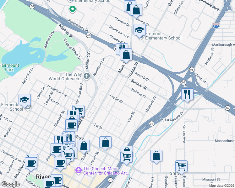 map of restaurants, bars, coffee shops, grocery stores, and more near 2643 Orange Street in Riverside