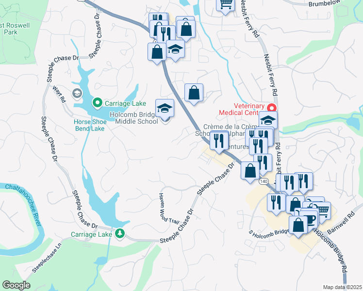 map of restaurants, bars, coffee shops, grocery stores, and more near 2565 Holcomb Springs Drive in Alpharetta