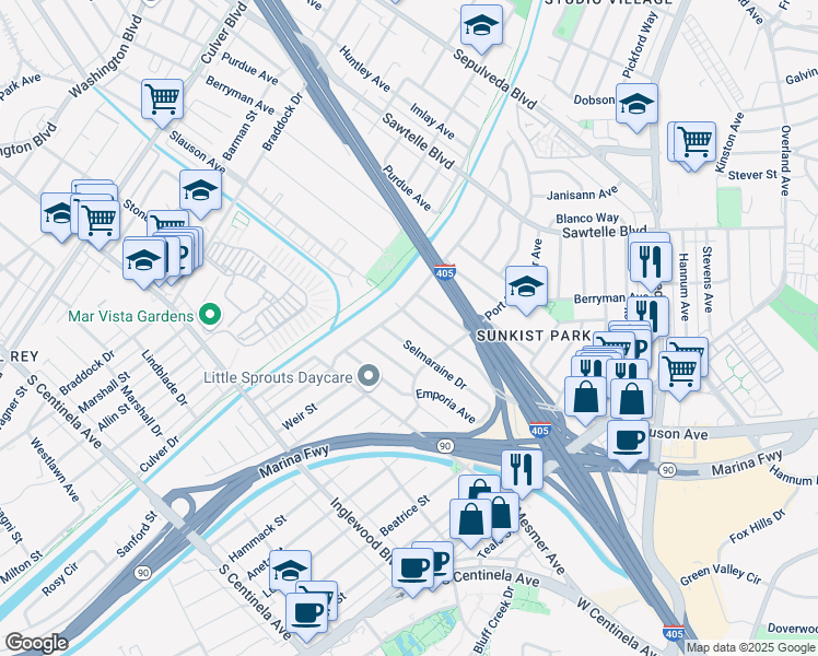 map of restaurants, bars, coffee shops, grocery stores, and more near 5195 Selmaraine Drive in Culver City