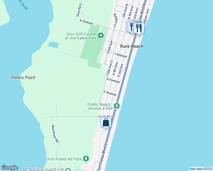 map of restaurants, bars, coffee shops, grocery stores, and more near 521 Fifth Avenue South in Kure Beach