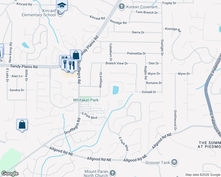 map of restaurants, bars, coffee shops, grocery stores, and more near 1696 Holcomb Lake Road in Marietta
