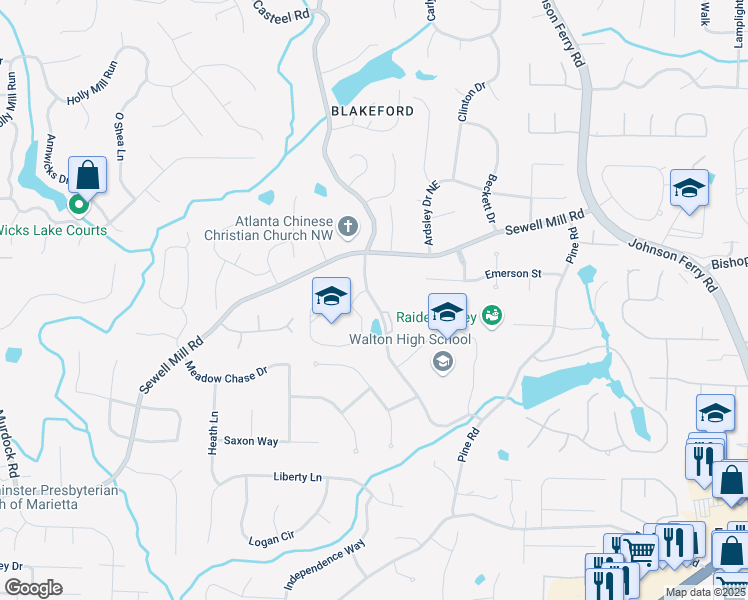 map of restaurants, bars, coffee shops, grocery stores, and more near 1725 Bill Murdock Road in Marietta