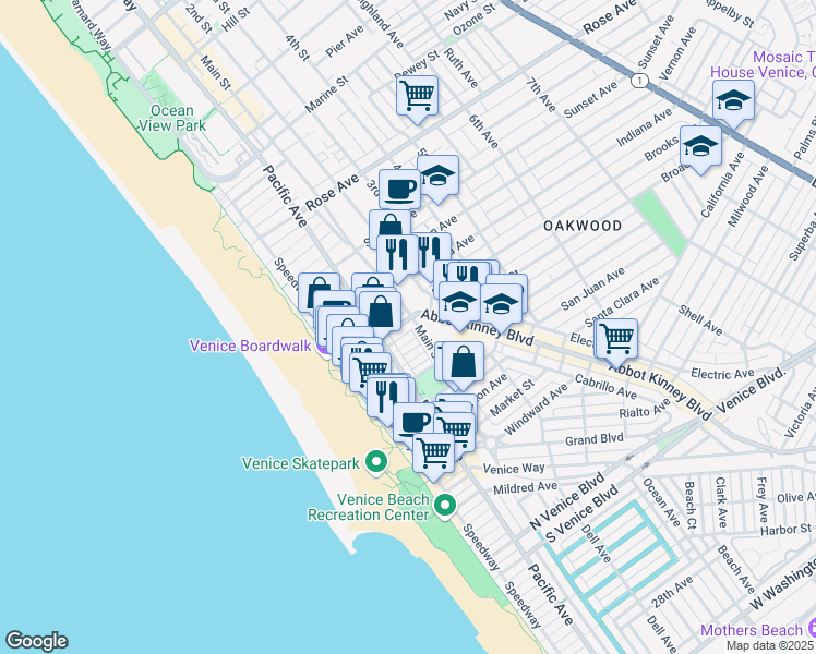 map of restaurants, bars, coffee shops, grocery stores, and more near 132 Brooks Avenue in Los Angeles