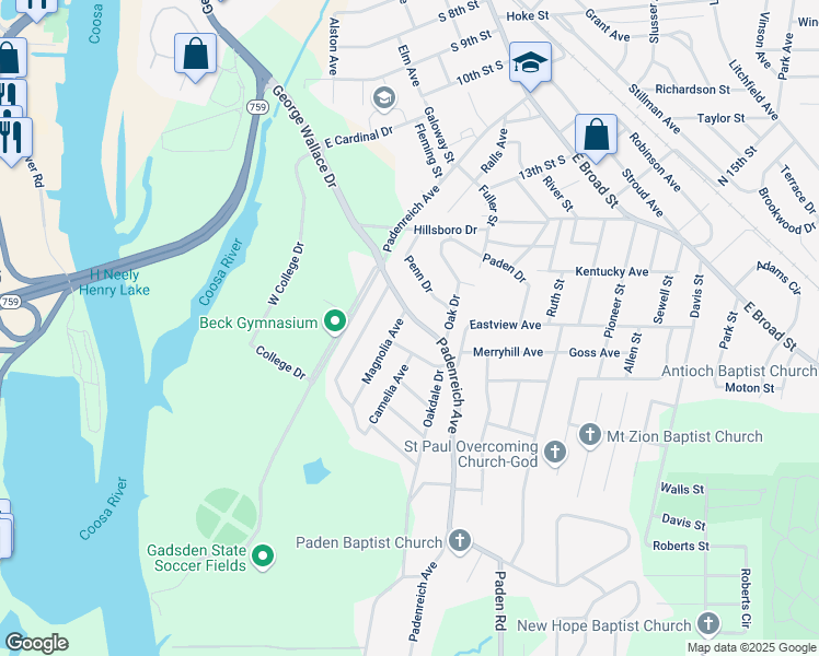 map of restaurants, bars, coffee shops, grocery stores, and more near 503 Padenreich Avenue in Gadsden