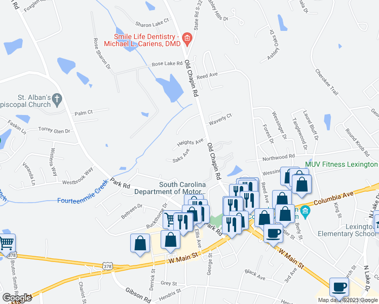 map of restaurants, bars, coffee shops, grocery stores, and more near 107 Saks Avenue in Lexington