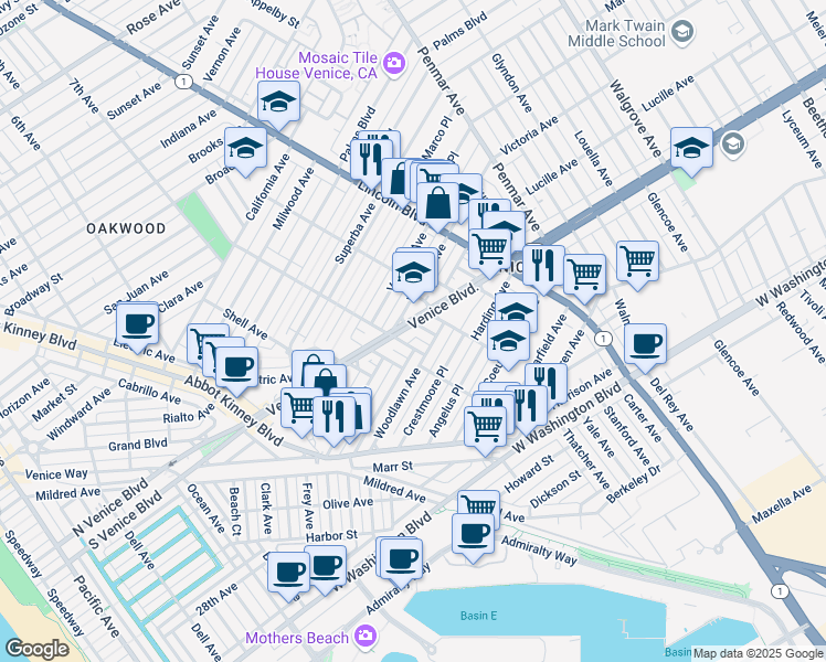 map of restaurants, bars, coffee shops, grocery stores, and more near 2307 Oakwood Avenue in Los Angeles