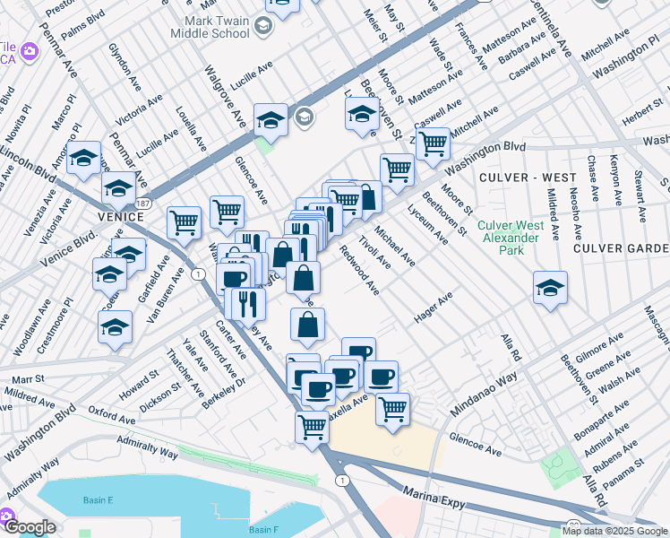 map of restaurants, bars, coffee shops, grocery stores, and more near 13352 Beach Avenue in Marina del Rey