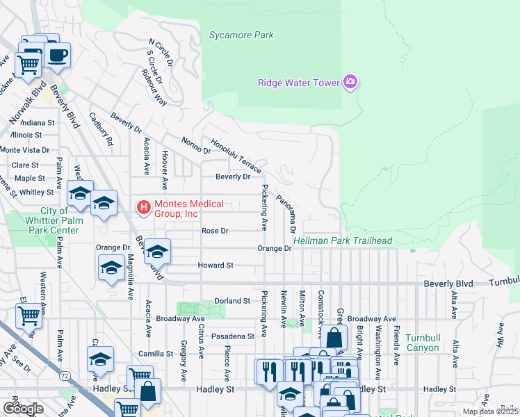 map of restaurants, bars, coffee shops, grocery stores, and more near 5655 Pickering Avenue in Whittier