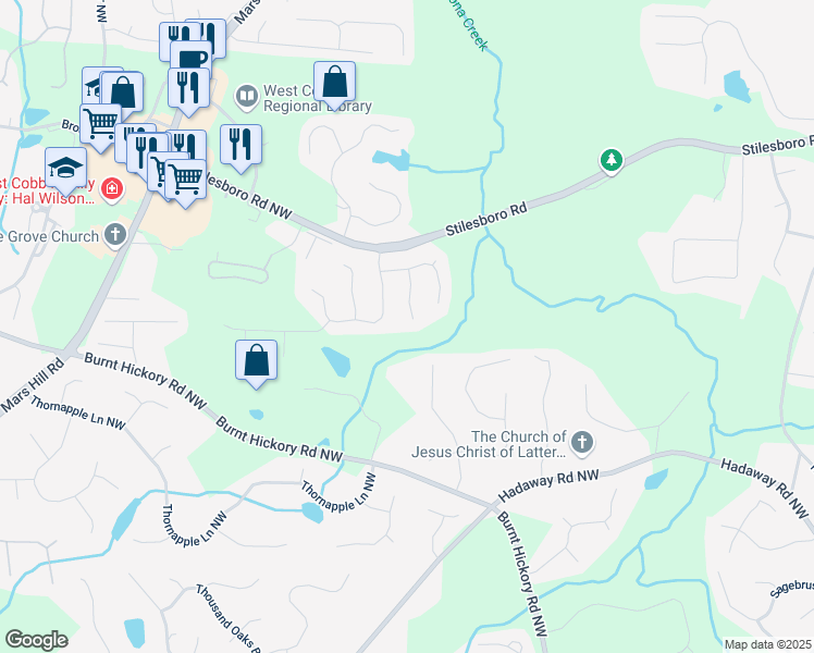 map of restaurants, bars, coffee shops, grocery stores, and more near 1575 Petal Point Northwest in Kennesaw