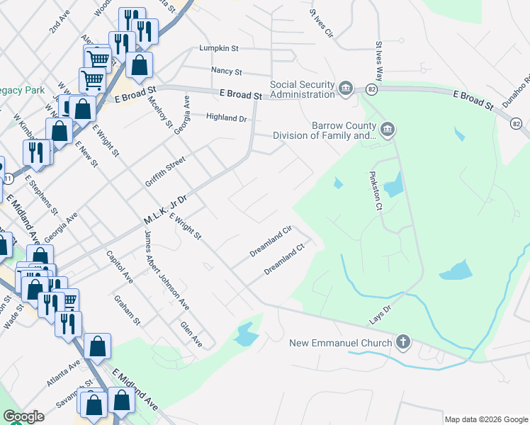 map of restaurants, bars, coffee shops, grocery stores, and more near 349 Mary Alice Drive in Winder