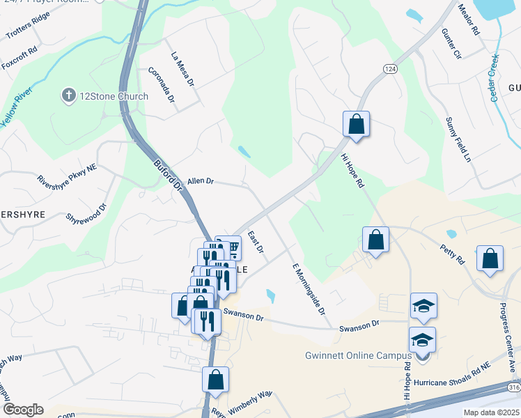 map of restaurants, bars, coffee shops, grocery stores, and more near 578 Braselton Highway in Lawrenceville