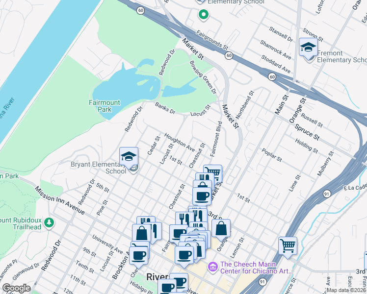 map of restaurants, bars, coffee shops, grocery stores, and more near 3007 Brockton Avenue in Riverside