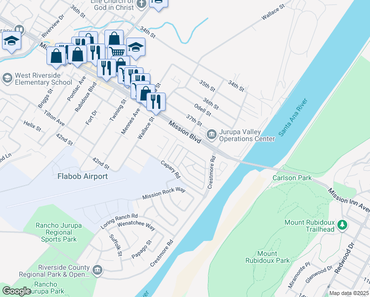 map of restaurants, bars, coffee shops, grocery stores, and more near 5256 Mission Boulevard in Riverside