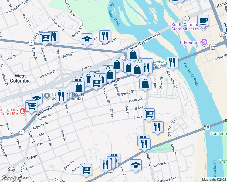 map of restaurants, bars, coffee shops, grocery stores, and more near 215 South Lucas Street in West Columbia