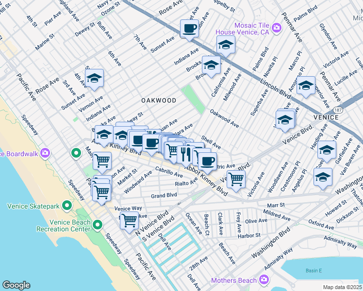 map of restaurants, bars, coffee shops, grocery stores, and more near 621 California Avenue in Los Angeles
