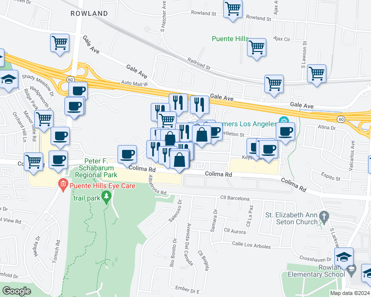 map of restaurants, bars, coffee shops, grocery stores, and more near 17595 Almahurst Street in City of Industry