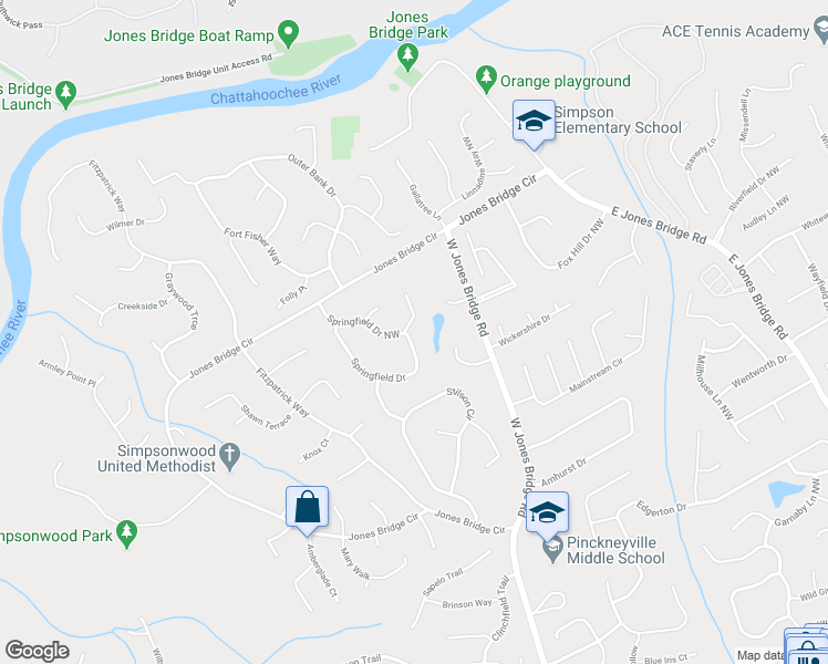 map of restaurants, bars, coffee shops, grocery stores, and more near 4418 Parkspring Terrace Northwest in Norcross
