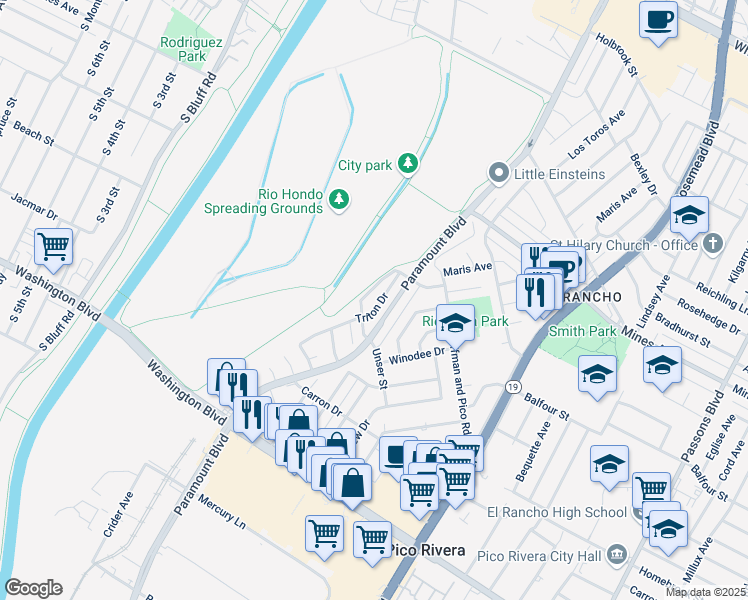 map of restaurants, bars, coffee shops, grocery stores, and more near 6370 Silverette Drive in Pico Rivera
