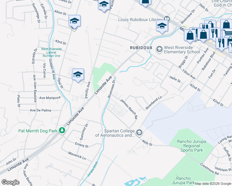map of restaurants, bars, coffee shops, grocery stores, and more near 5784 Jensen Ranch Road in Riverside