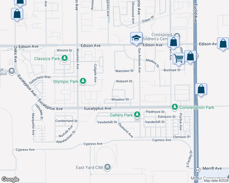 map of restaurants, bars, coffee shops, grocery stores, and more near 14433 Elmhurst Avenue in Chino