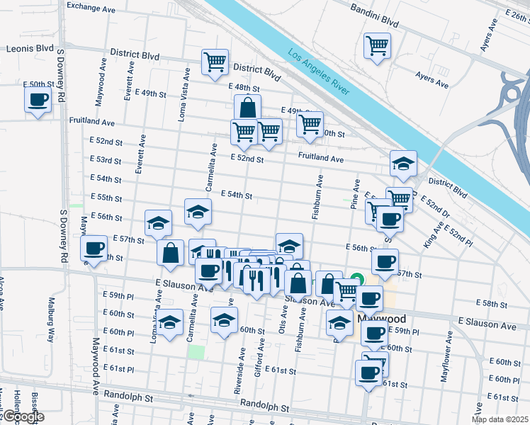 map of restaurants, bars, coffee shops, grocery stores, and more near 4040 East 55th Street in Maywood