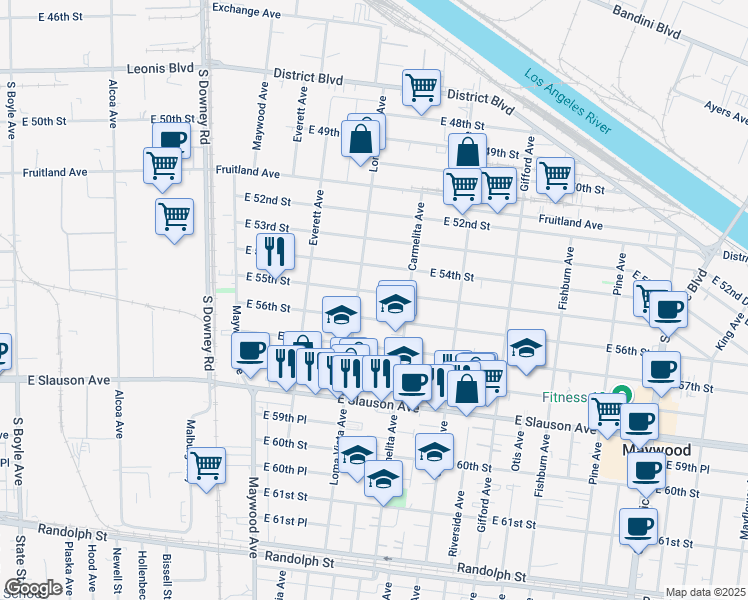 map of restaurants, bars, coffee shops, grocery stores, and more near 3735 East 56th Street in Maywood