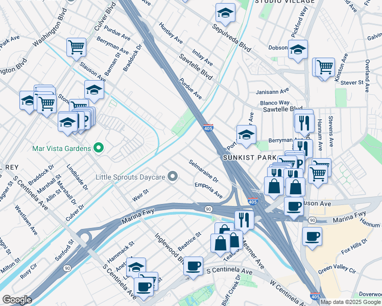 map of restaurants, bars, coffee shops, grocery stores, and more near 5195 Selmaraine Drive in Culver City